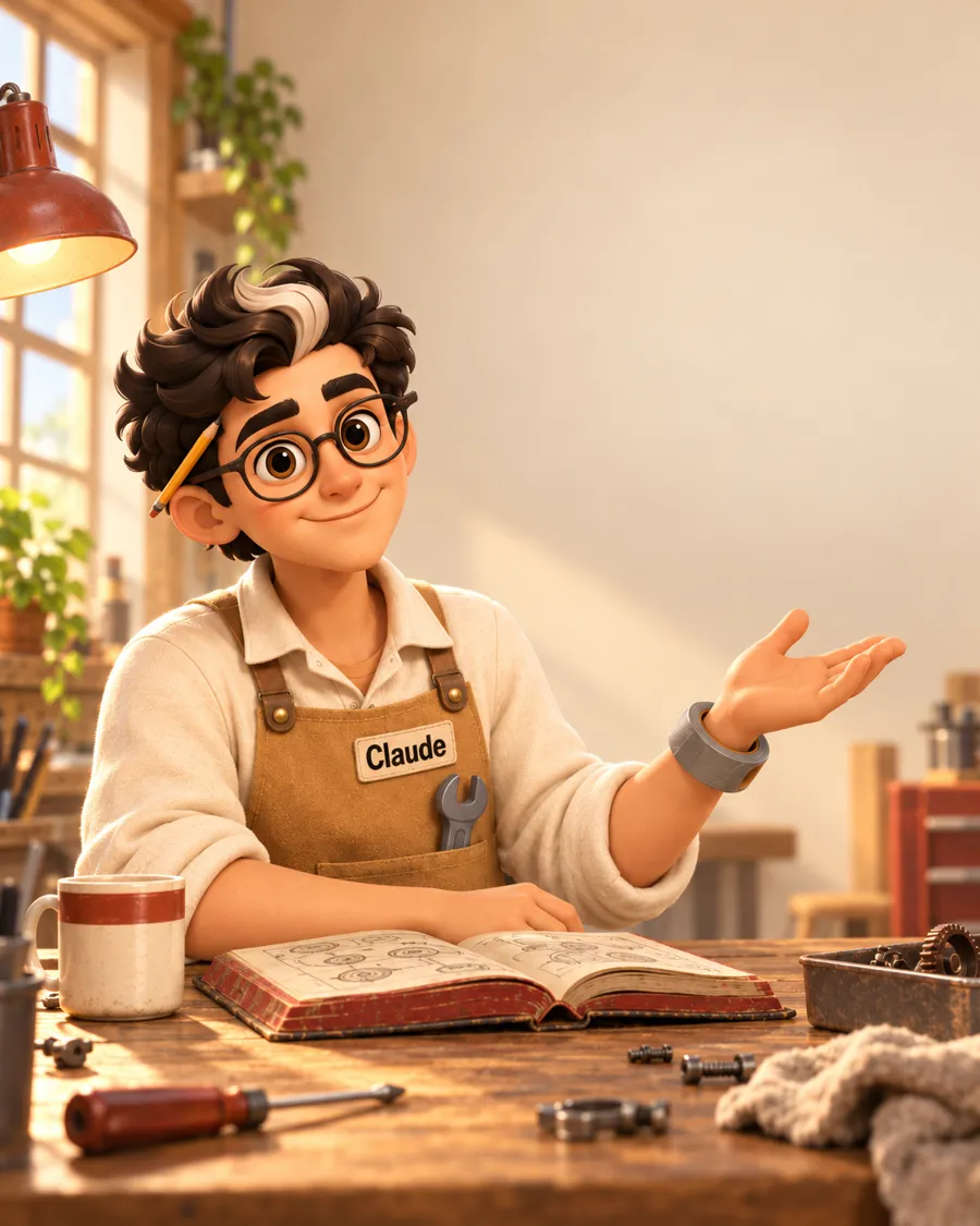Illustrated apprentice in a workshop apron with a Claude name patch