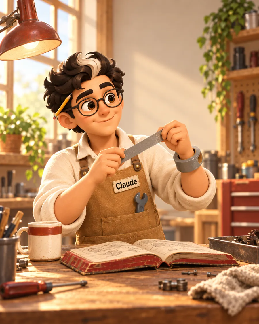Illustrated apprentice holding up a strip of duct tape in a sunny workshop